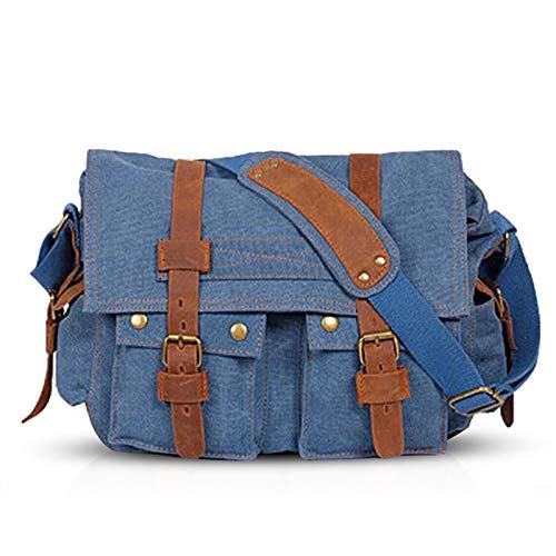 FANDARE Unisex Umhängetasche Schultertasche Segeltuch Laptoprucksäcke für 14 Zoll Laptop Kuriertasche Herren Damen Crossbody Messenger Bag Reise Schule Hochschule Arbeit Outdoor Schulranzen Navy Blau von FANDARE