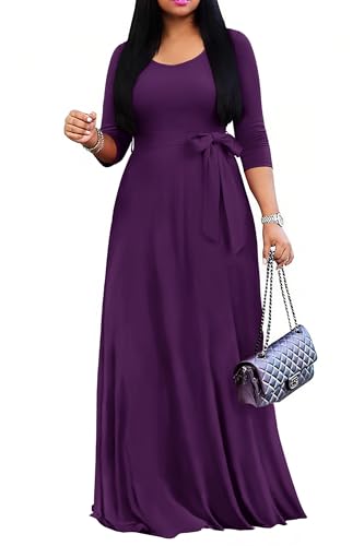 FANDEE Damen Maxikleid 2025 Lang Casual 3/4 Ärmel Elegant Empire-Taille Kleider Rundhalsausschnitt mit Gürtel, Violett, 3X-Groß von FANDEE