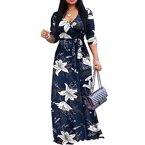 FANDEE Übergröße Maxikleid für Frauen Casual Sommer Sommerkleid V-Ausschnitt 3/4 Ärmel, 2 - Blau & Blume, 3X-Groß von FANDEE