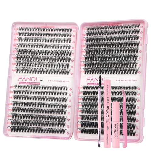 FANDIQ Fluffy Individual Eyelashes Kit 30+40+50+60D Clusters Lashes Kit 640PCS Eyelash Clusters Thick Tatti Lashes Russian Strip D Curl DIY Lash Kit with Lash Bond and Remover Tweezers Brush(C01 KIT) von FANDIQ