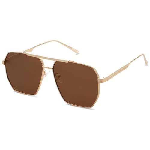 FANFUSUZI Retro Oversized Square Polarized Sunglasses for Women and Men Vintage Shades UV400 Classic Large Metal Sun Glasses (Gold/Braun) von FANFUSUZI