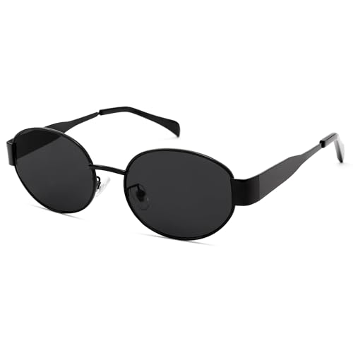 FANFUSUZI Sonnenbrille Damen Oval Retro Designer Oval Metal Sunglasses for Women Trendy Style (Schwarz) von FANFUSUZI