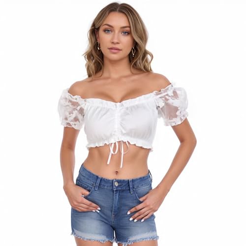 FANGCCC Dirndl Bluse Damen,Dirndlbluse Trachtenbluse Kurzarm Weiß,Dirndl Bluse Schulterfrei Spitze für Bayrische Tracht Oktoberfest (DE/NL/SE/PL, Alphanumerisch, S, Regular, Regular, Weiß) von FANGCCC