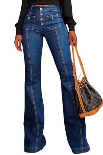 FANGJIN 70er Jahre High Waist Denim Hose Damen Flare Jeans mit Knopfleiste Figurbetonten Bootcut Stretch Denim Retro Vintage Höschenbund Jeans mit Taschen Hellblau XL von FANGJIN