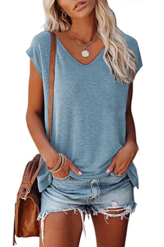 FANGJIN Basic Shirt Damen Kurzarm T Shirt Casual Pullover Oberteile Sommer Elegants Einfarbig Bluse Blau V-Ausschnitt Tops Sport Shirts XX-Large XXL von FANGJIN