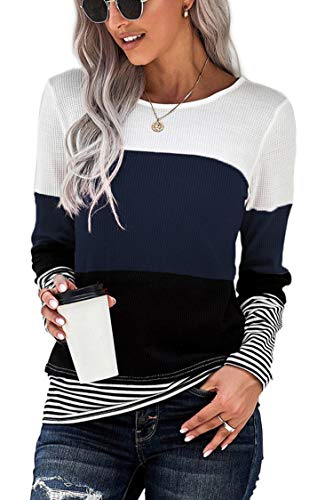 FANGJIN Damen Pullover Herbst Tshirt Lang Langarmshirt Winter Shirt Langarm Oberteil Longshirt Elegant T-Shirt Oversize Bluse Damenpullover Lässige Moderne Longsleeve Strickjacken Navy Blau XXL von FANGJIN