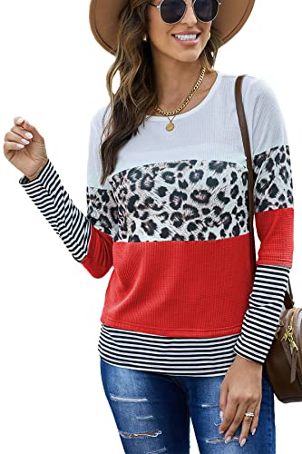 FANGJIN Blusen Damen Pullover Lang Damenpullover Langarm Damen Kleidung Damen Langarmshirt Kleidung Damen Longsleeve Damen Pullover Damen Leopard Rot L von FANGJIN