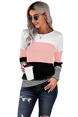 FANGJIN Damen Pullover Langarm Rosa M (38/40) - Rippung, Gestreift, Rundhalsausschnitt, Lang, Locker, Casual, Synthetisch, Pull-on, Frauen, Pullover von FANGJIN