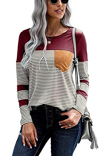 FANGJIN Blusen Damen Pullover Lang Damenpullover Langarm Damen Kleidung Damen Langarmshirt Kleidung Damen Longsleeve Damen Pullover Damen Weinrot Größe M von FANGJIN