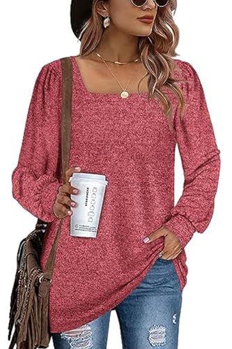 FANGJIN Business Casual Oberteil Damen Pollover Sweatshirt Basic Shirts Mode Hemd mit großem Ausschnitt T-Shirt Frühling Herbst rot Tops Langarm Shirt mit Rundhalsausschnitt Tops L von FANGJIN