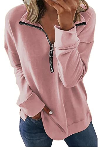 FANGJIN Damen 1/2 Zip Pollover Sweatshirt für Frauen Einfarbig Damen-Sweatshirt mit halbem Plüsch Casual Pullover Einfach Pullover Rosa Tops L von FANGJIN