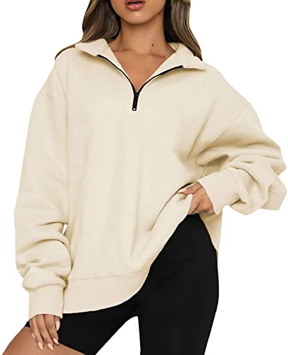 FANGJIN Damen 1/2 Zip Pullover Herbst Winter Frauen Freizeit Sport Langarm Sweatshirt Streetwear Tops Baumwolle Plüsch Oberteile Beige XL von FANGJIN