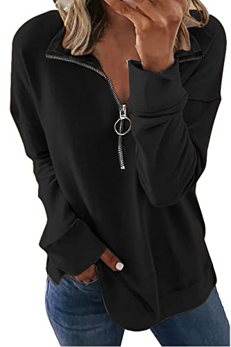 FANGJIN Damen 1/2 Zip Sweatshirt Pullover Herbst Einfarbig elegant travel Loose Basic Langarmshirt Plüsch Tops Frühling Comfort Schwarz V-Ausschnitt Oberteile L von FANGJIN