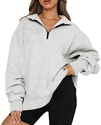 FANGJIN Damen 1/4 Zip Pollover Sweatshirt für Frauen Einfarbig Damen-Sweatshirt mit halbem Plüsch Casual Pullover Einfach Pullover Grau Tops L von FANGJIN