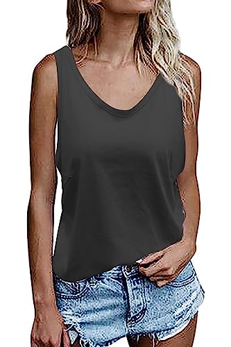 FANGJIN Damen Ärmelloses Baumwolle Oberteil Schwarz Tunika Sommer Lang Tank Tops Locker V-Ausschnitt Einfarbige T-Shirt Casual Camisole von FANGJIN