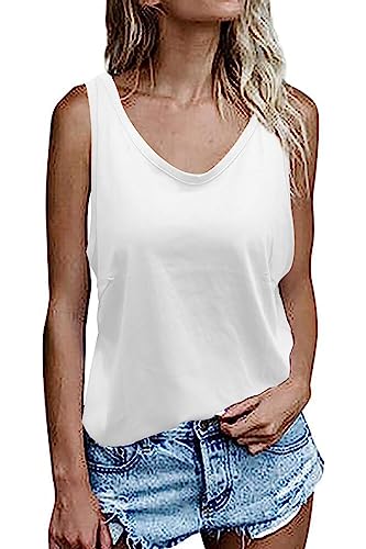 FANGJIN Damen Ärmelloses Oberteil weiß Tunika Sommer Lang Tank Tops Locker V-Ausschnitt t-Shirt Damen weiß Einfarbige T-Shirt Casual Camisole von FANGJIN