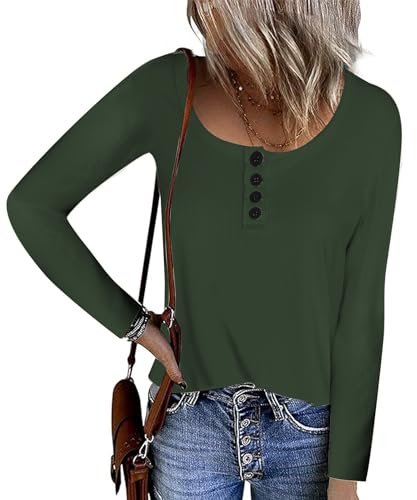 FANGJIN Damen Basic-Oberteile Winter Pullover Tops Button Down Langarm Henley Shirt Lässig T-Shirt U-Ausschnitt mit Knöpfe Grün Unifarbenes Oberteil Grün M （38 40） von FANGJIN