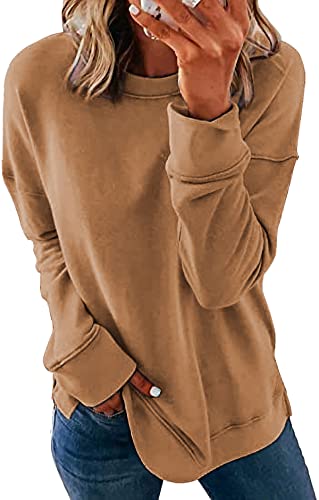 FANGJIN Damen Pullover Sweatshirt Rundhals Fashion Casual Sport Langarmshirt Winter Tunika Langarm Shirt Training Baggy Tops (Khaki,M) von FANGJIN
