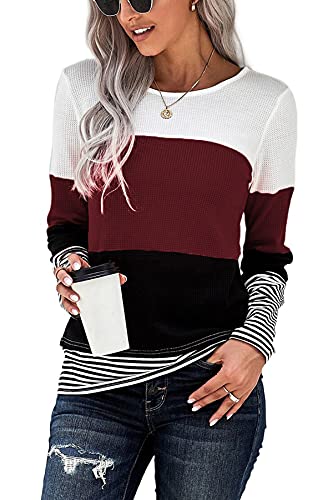 FANGJIN Damen Pullover Herbst Tshirt Lang Langarmshirt Winter Shirt Langarm Oberteil Longshirt Elegant T-Shirt Bluse Damenpullover Lässige Moderne Longsleeve Strickjacken für Damen Weinrot L von FANGJIN
