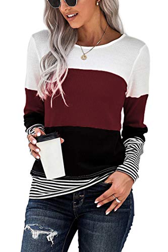 FANGJIN Damen Pullover Herbst Tshirt Lang Langarmshirt Winter Shirt Thanksgiving Weihnachten Oversize Bluse Damenpullover Lässige Moderne Longsleeve Strickjacken Weinrot XXL von FANGJIN