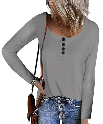 FANGJIN Damen Button Top T-Shirt Pullover Damen sexy V-Ausschnitt Lange Ärmel T-Shirt Sport Basic Feste Farbe Mode Sexy Shirt Einfarbige Oberteile Grau M von FANGJIN