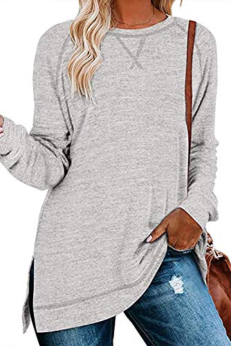 FANGJIN Damen Casual Solid Langarm T-Shirt Frauen Longshirt Damen Langarm laessig Tops Pullover Baumwolle Sweatshirt Damenmode elegant Shirts Hellgrau Größe（34 36） S von FANGJIN