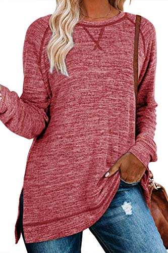 FANGJIN Damen Casual Solid Langarm T-Shirt Pullover Damen Longshirt schwarzer Oversize Tshirt festlicher Longpullover Frauen Mode frühling Schwarz Sportshirt Rot Größe（38 40） L von FANGJIN