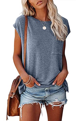 FANGJIN t Shirts für Damen Casual Einfarbiges Activewear Frauen dünne Pullover Kurzarm Tops Elegant Blau Oberteile Sommer Outfits Basic Shirt Fashion tictop Sommerbluse Groß L von FANGJIN