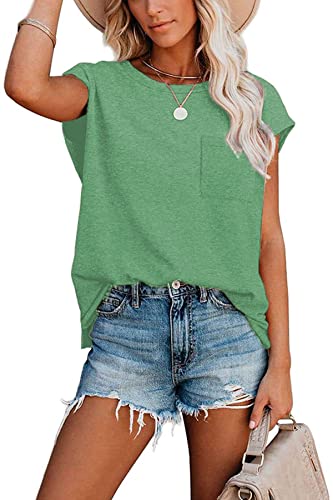 FANGJIN Damen Casual Solid T-Shirt Pullover Kurzarm Elegant Erbsengrün Mittel M von FANGJIN