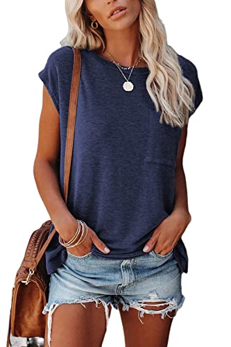 FANGJIN Damen Casual Solid T-Shirt Pullover Kurzarm Elegant Navy Blau X-Large XL von FANGJIN