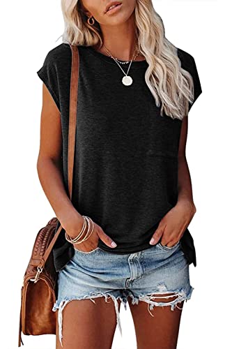 FANGJIN Damen Schwarz Oberteile Casual Solid T-Shirt Frauen Sommer Pullover Kurzarm Shirts Elegant sexy sportshirts Einfarbiges lose Basic Tops X-Large XL von FANGJIN