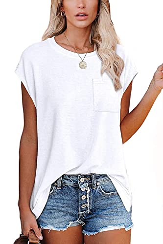 FANGJIN Damen Casual Solid T-Shirt Pullover Kurzarm Elegant Weiß Klein S von FANGJIN