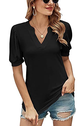 FANGJIN Damen Sommer Kurzarm V-Ausschnitt Tshirt Frauen Yoga Kleidung einfarbig Pullover Tops Elegant Schwarz Rave Oberteil Laufshirt Tunika Sportshirt Damen Activewear Mittel M von FANGJIN