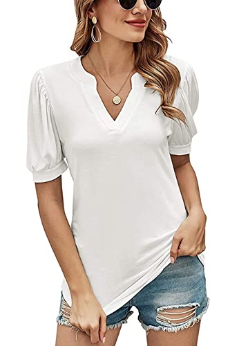 FANGJIN Tshirt Damen Weiss Sportshirt Damen Kurzarm Casual Solid V-Ausschnitt T-Shirt Frauen stylische Party Pullover Elegant Oberteile Sommer Outfits Resort Bekleidung Weiß Groß L von FANGJIN