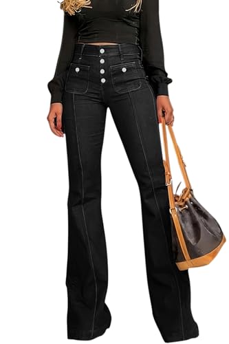FANGJIN Damen Figurbetonte Flare Jeans mit Hoher Bund und Knopfleiste 70er Jahre Jeans mit Hohem Bund Dunkelblau XXL von FANGJIN