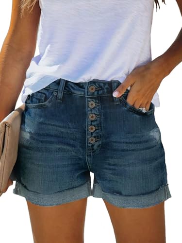 FANGJIN Damen Hohe Taille Denim Kurze Hose Destroyed Sommer Kurz Jeans Distressed Zerrissener Jeans Tiefblau M von FANGJIN