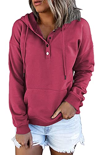 FANGJIN Damen Hoodie Oberteil Langarm Tops Fleece Kapuzenpullover V-Ausschnitt Fashion Clothes Pullover Knopfleiste Henley Sweatshirt mit Kapuze Kordelzug Dunkelblau Kleidung S von FANGJIN