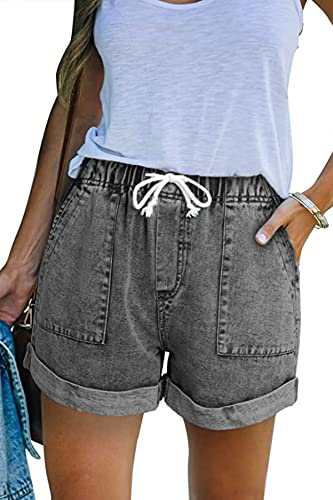 FANGJIN Damen Jeans Shorts Kurze Hose Sommer Hosen Lockere Damenshorts Grau L von FANGJIN