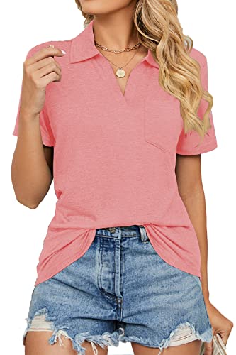 FANGJIN Damen Kurzarm Poloshirts Sommerbluse Frauen locker T Shirt Casual Pullover Oberteile Sommer T-Shirts Elegant Rosa Groß L von FANGJIN