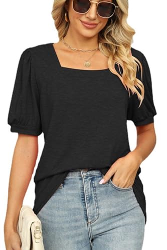 FANGJIN Damen Kurzarm T Shirt Cute U-Ausschnitt weiter Pullover Frauen lässig Casual Pullover Oberteile Sommer T-Shirts Elegant Schwarz Groß L von FANGJIN