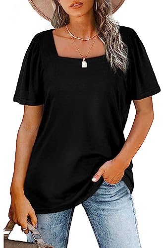 FANGJIN Damen Kurzarm T Shirt U-Ausschnitt weiter Pullover Damen lässig Casual Pullover Oberteile Sommer T-Shirts Elegant Schwarz Groß L von FANGJIN