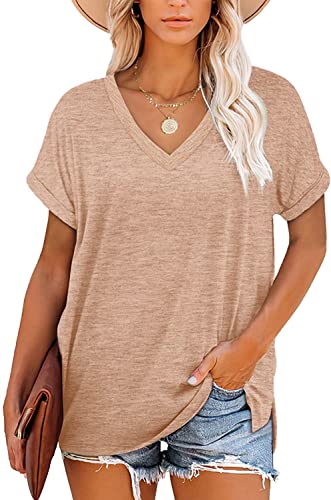 FANGJIN Damen Kurzarm-T-Shirt mit V-Ausschnitt Tunika Damen Sommer Tshirt Kurzarm Shirts V Ausschnitt Oberteil Sommer Blusen lose kurzärmelige Top T-Shirt niedliches Sweatshirt KhakiSport XXL von FANGJIN