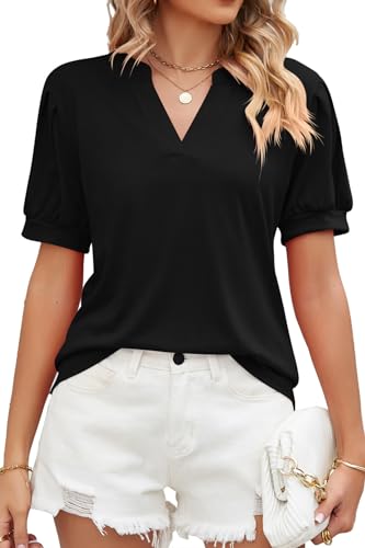 FANGJIN Damen Kurzarm V-Ausschnitt Shirt Sommer Oberteile Henley Einfarbig Puffärmel Tops Frauen Modern Blusen Schwarz M von FANGJIN