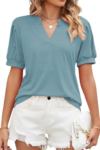 FANGJIN Damen Kurzarm V-Ausschnitt Shirt Sommer Oberteile Henley Einfarbig Puffärmel Tops Frauen Modern Blusen von FANGJIN