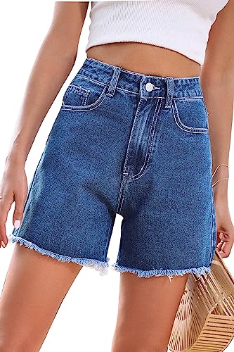 FANGJIN Damen Kurzer Jeans Sommershort Casual Denim Shorts Mittlere Taille Hotpants mit Taschen Jeanshose Dunkelblau XL von FANGJIN