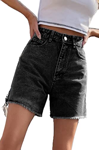 FANGJIN Damen Kurzer Jeans Sommershort Casual Denim Shorts Mittlere Taille Hotpants mit Taschen Jeanshose Schwarz L von FANGJIN