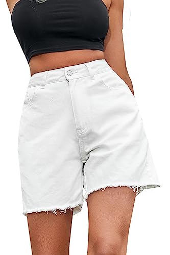 FANGJIN Damen Kurzer Jeans Sommershort Casual Denim Shorts Mittlere Taille Hotpants mit Taschen Jeanshose weiß L von FANGJIN