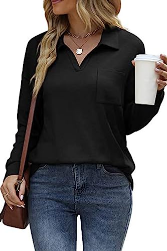 FANGJIN Damen Langarm/Kurzarm Polo Shirts V-Ausschnitt Tops Casual Pullover Oberteile Herbst Herbst und Winter T-Shirts Elegant Schwarz Bluse Sportshirt Groß L von FANGJIN