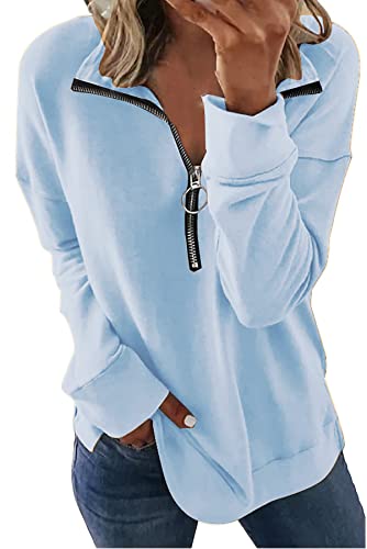 FANGJIN Sweatshirts Pullover Damen Langarmshirt 1/2 Zip Freizeit T Shirts Blusen Tunika Tops für den Frühling Herbst dunkelgrau Einfarbige Loose Langarm Top Oberteile Blau M von FANGJIN