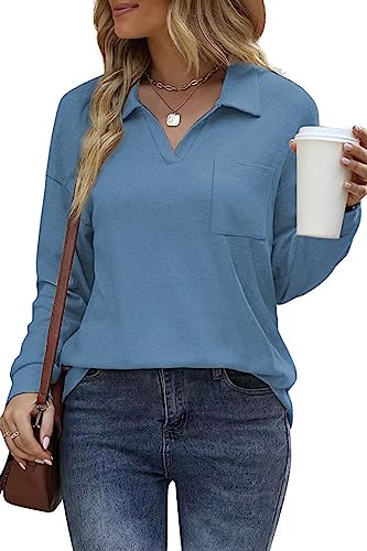 FANGJIN Damen Langarm Poloshirt Casual Pullover Oberteile Herbst T-Shirts Elegants Einfarbig Bluse Blau Oversized V-Ausschnitt Tops Sport und Freizeit Shirts XX-Large XXL von FANGJIN